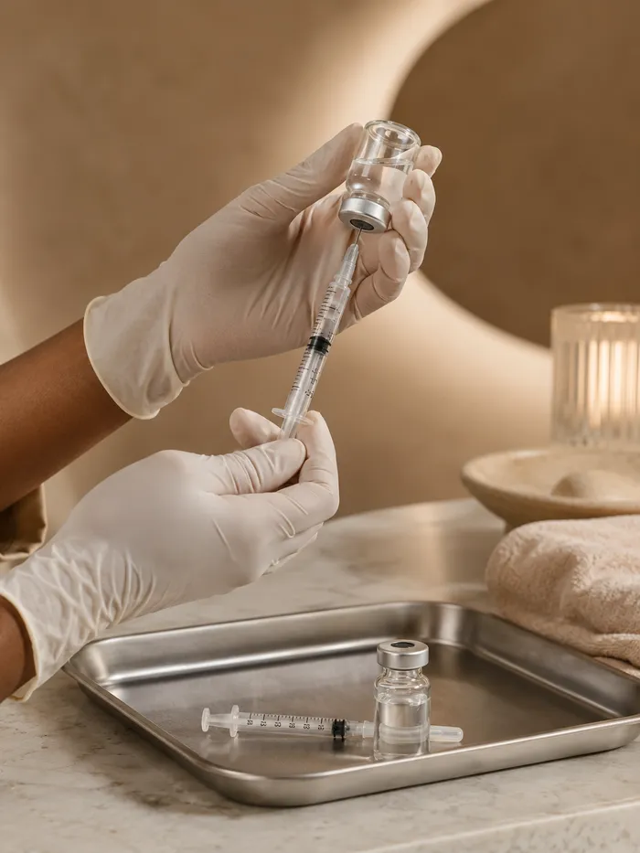 Peptide therapy — provider drawing from a peptide vial